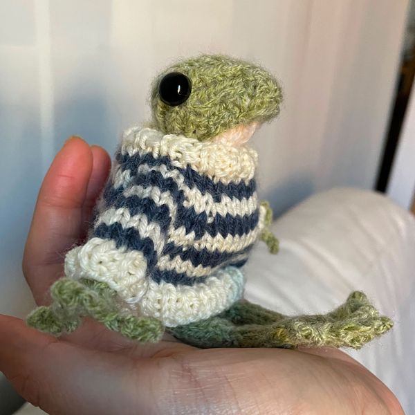 Handmade knitted frog wearing a jumper - choose your colour!